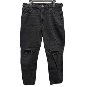 American Eagle Mom Jeans Womens 16 Regular Washed Black Ripped Knee High Rise